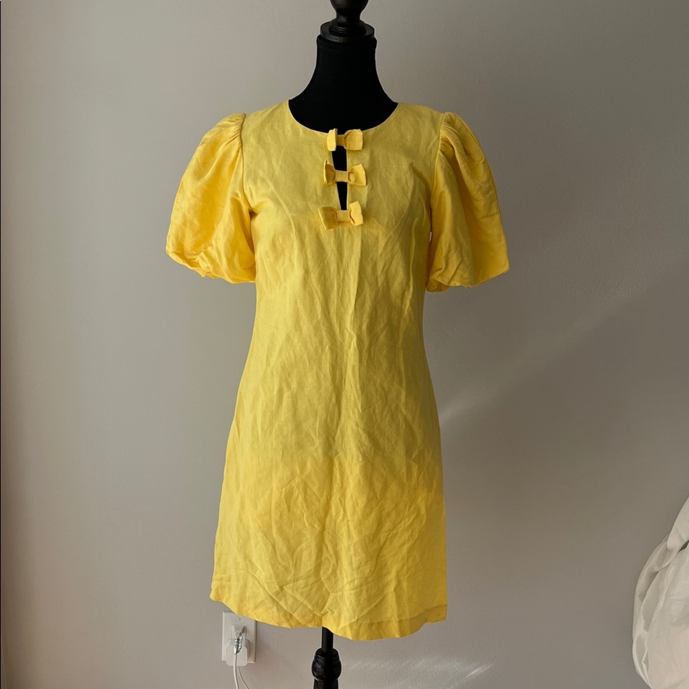 Karl Lagerfeld linen Yellow Puff Sleeve Mini Dress